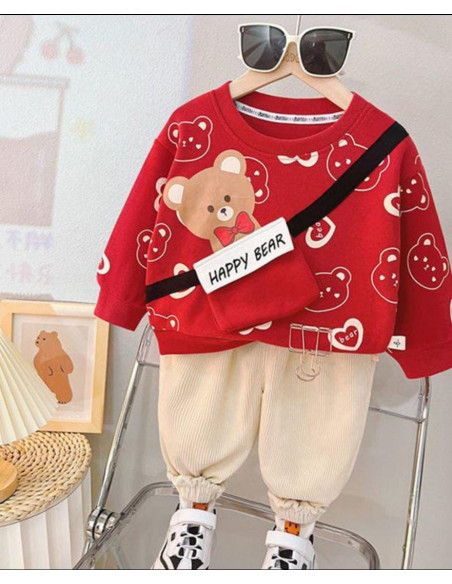 Cozy Red Fleece Printed Tracksuit for Boys & Girls - 2 Pcs