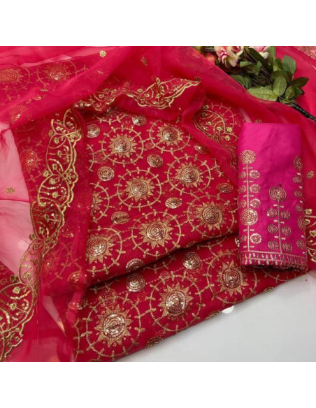 3 Pcs Women's Unstitched Organza Embroidered Fancy Dress