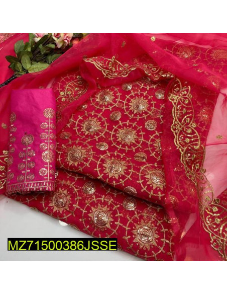 3 Pcs Women's Unstitched Organza Embroidered Fancy Dress