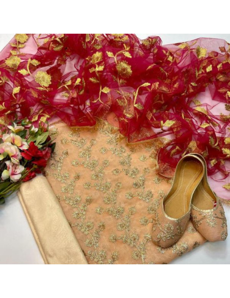 4 Pcs Women's Unstitched Chiffon Embroidered Fancy Dress