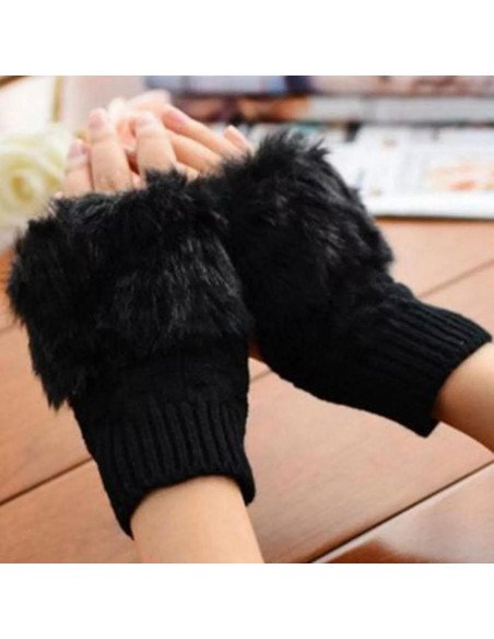 Cozy women's 2pcs wool fur lined gloves plain black 