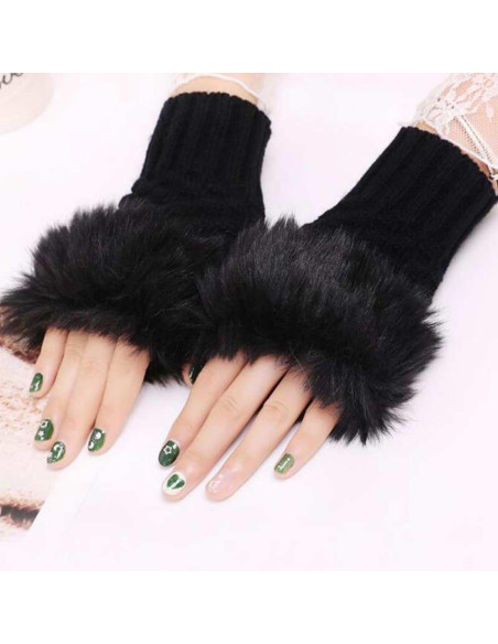 Cozy women's 2pcs wool fur lined gloves plain black 