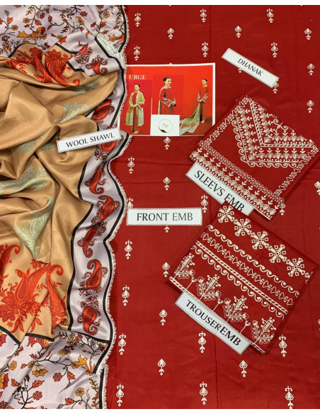 3 Pcs Women's Unstitched Embroidered Suit