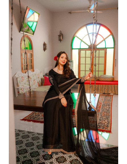 Elegant Black Chiffon Embroidered...