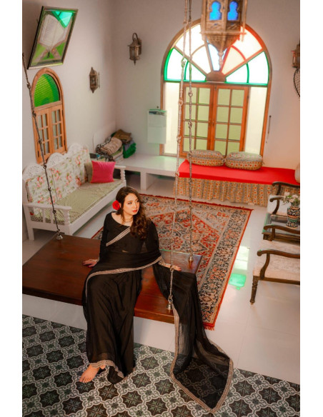 Elegant Black Chiffon Embroidered Stitched Saree - 2 Pcs Set