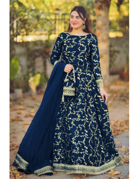 Stunning Embroidered Lehenga Choli Set - 4 Pcs in Blue