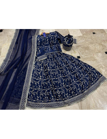 Stunning Embroidered Lehenga Choli Set - 4 Pcs in Blue