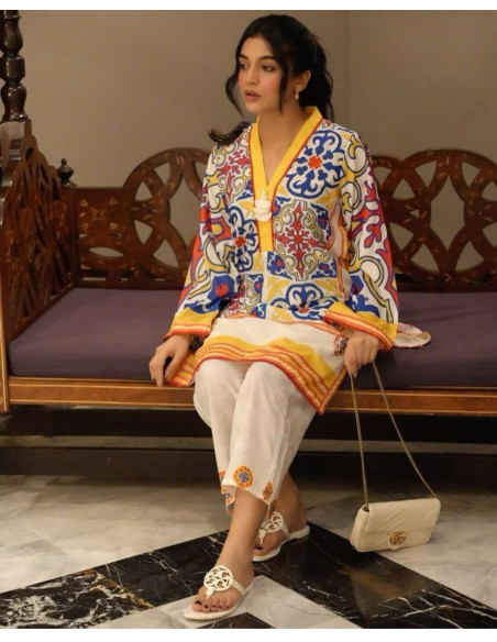 2 Pcs Women's Stitched Digital Print Shirt And Trouser