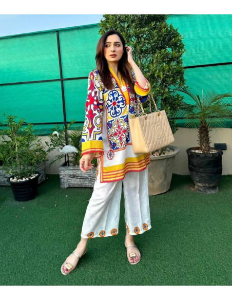2 Pcs Women's Stitched Digital Print Shirt And Trouser