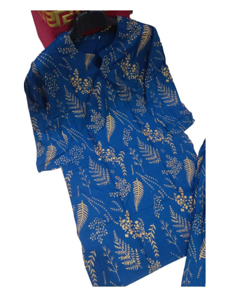 Stylish Women's Stitched Block Printed Shirt and Trouser Set - 2 Pcs in Blue