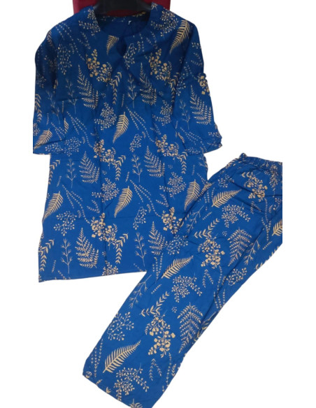 Stylish Women's Stitched Block Printed Shirt and Trouser Set - 2 Pcs in Blue