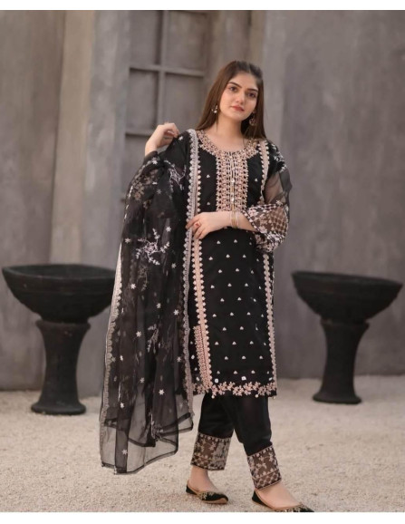 3 Pcs Women's Stitched Organza...