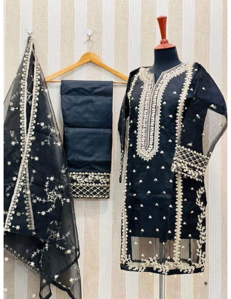3 Pcs Women's Stitched Organza Embroidered Suit