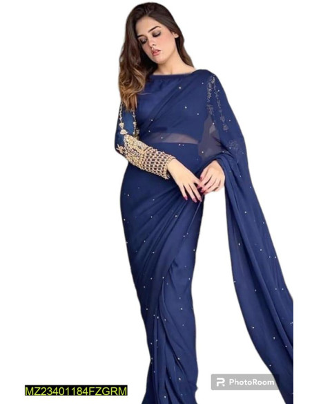 Women's Stitched Chiffon Embroidered Saree