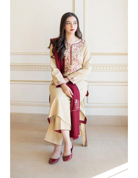 Embroidered Off White Suit Set - 3 Pcs with Dhanak Fabric