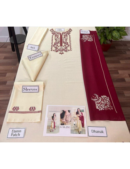 Embroidered Off White Suit Set - 3 Pcs with Dhanak Fabric