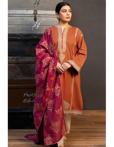 Stunning Orange Embroidered Suit Set - 3 Pcs with Dhanak Fabric