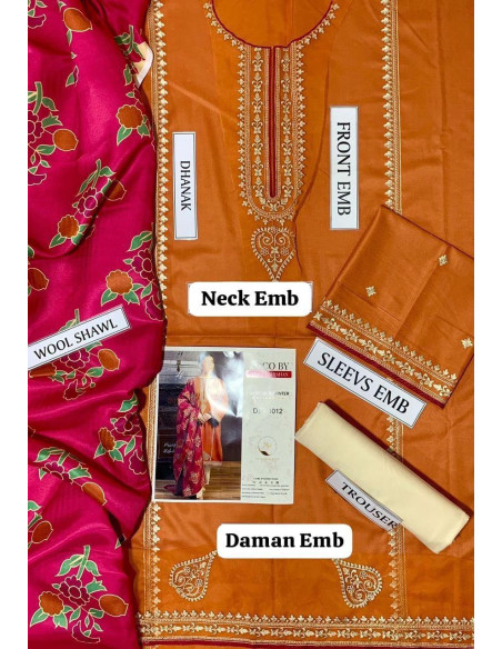 Stunning Orange Embroidered Suit Set - 3 Pcs with Dhanak Fabric