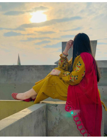 2 Pcs Women's Stitched Cotton Embroidered Shirt And Trouser