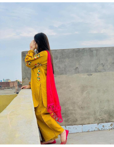 2 Pcs Women's Stitched Cotton Embroidered Shirt And Trouser