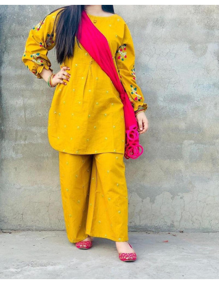 2 Pcs Women's Stitched Cotton Embroidered Shirt And Trouser