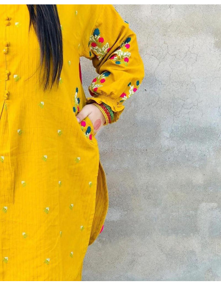 2 Pcs Women's Stitched Cotton Embroidered Shirt And Trouser