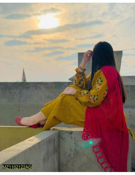 2 Pcs Women's Stitched Cotton Embroidered Shirt And Trouser