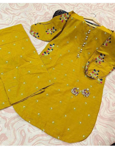 2 Pcs Women's Stitched Cotton Embroidered Shirt And Trouser