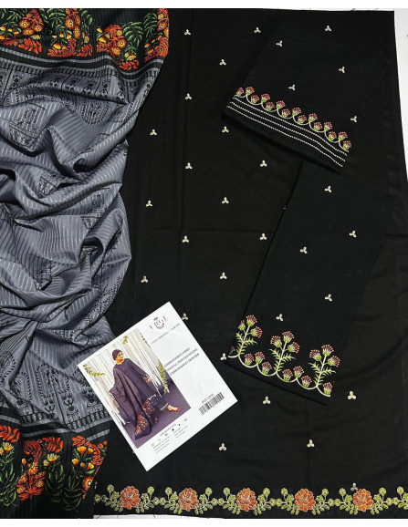 Elegant Black Embroidered Suit Set -...