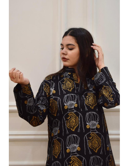 2 Pcs Women's Stitched Linen Block Printed Shirt And Trouser