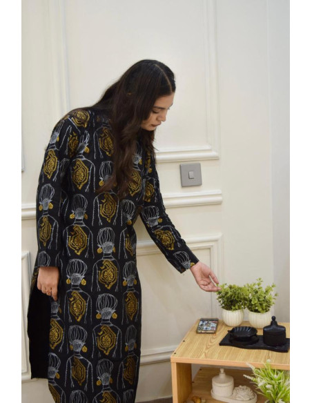 2 Pcs Women's Stitched Linen Block Printed Shirt And Trouser