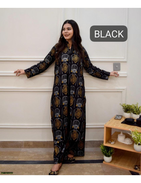 2 Pcs Women's Stitched Linen Block Printed Shirt And Trouser