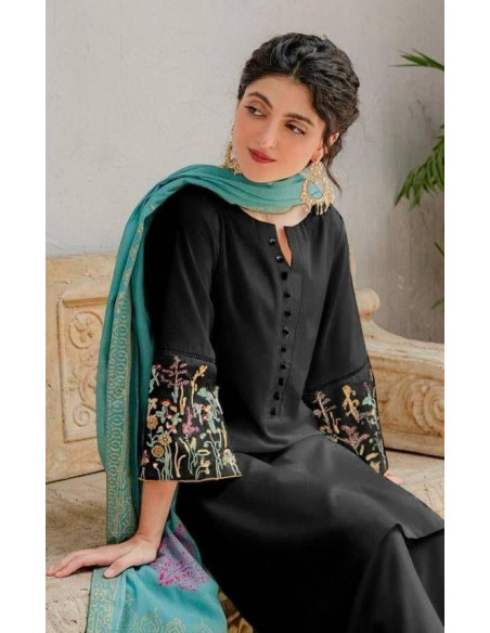 3 Pcs Women's Unstitched Dhanak Embroidered Suit