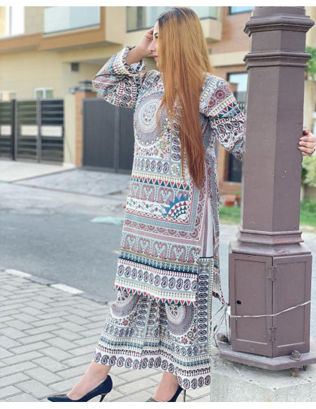 Stylish Women's Stitched Printed Shirt And Trouser Set - 2 Pcs