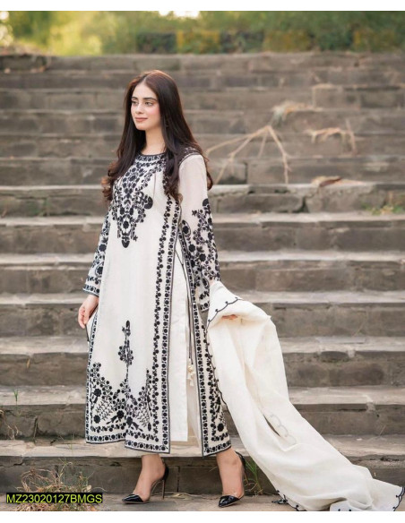 3 Pcs Women's Stitched Organza Embroidered Suit