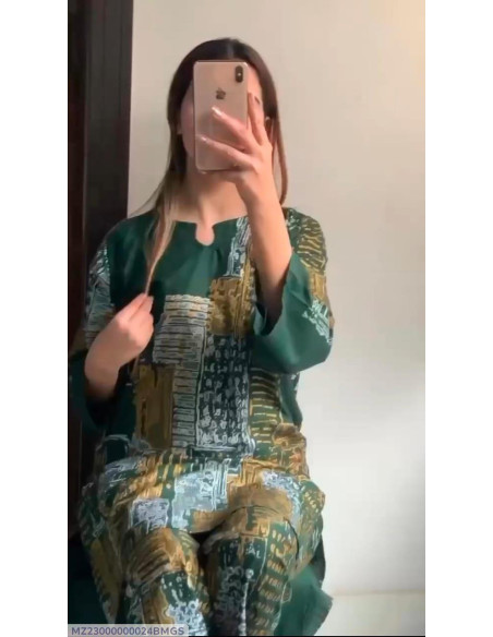 2 Pcs Women's Stitched Linen Block Printed Shirt And Trouser