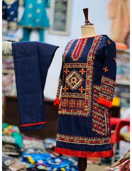 2 Pcs Women's Stitched Cotton Embroidered Shirt And Trouser