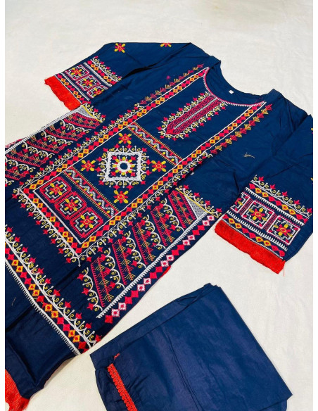 2 Pcs Women's Stitched Cotton Embroidered Shirt And Trouser