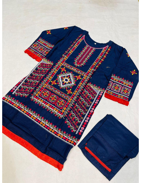 2 Pcs Women's Stitched Cotton Embroidered Shirt And Trouser