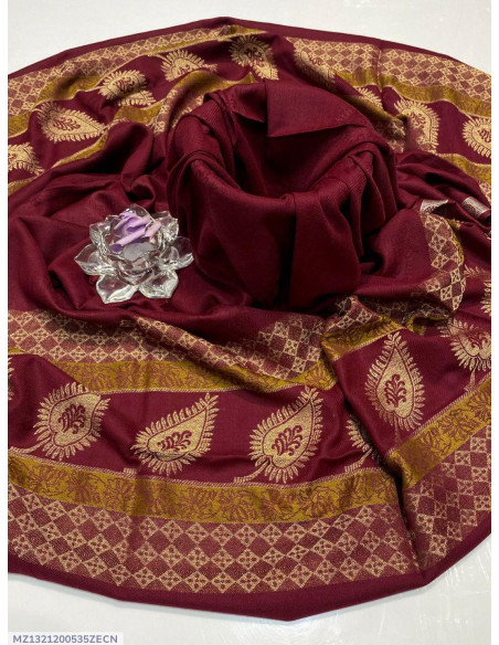 Luxurious Pashmina Wool Shawl with Embroidered Border - 1 Pcs Maroon