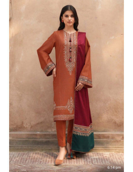 Elegant Orange Embroidered Suit Set - 3 Pcs with Wool Dupatta