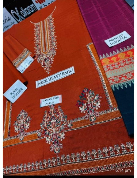 Elegant Orange Embroidered Suit Set -...