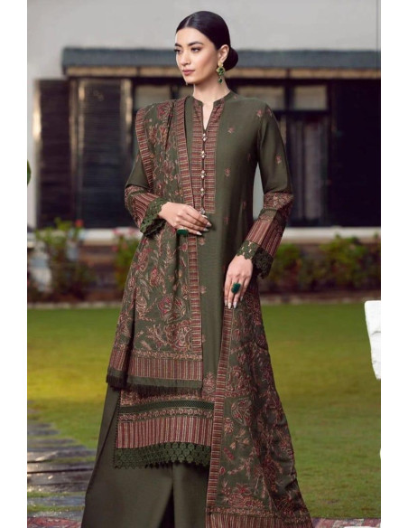 Elegant Orange Embroidered Suit Set - 3 Pcs with Wool Dupatta