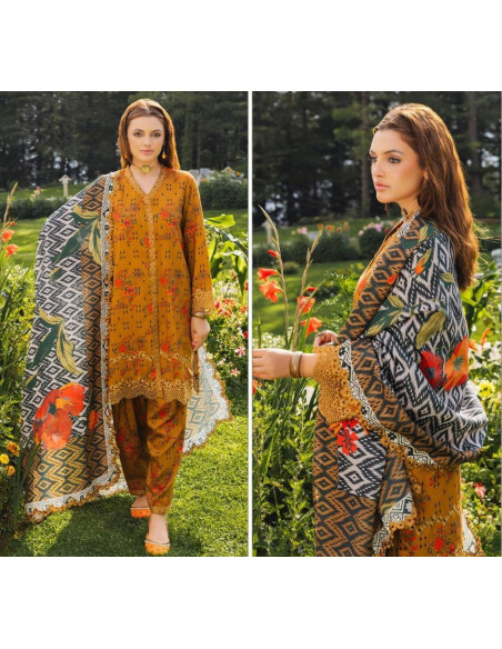 Mustard Viscose Printed Suit - 3 Pcs Ensemble with Digital Print and Block Printed Trouser