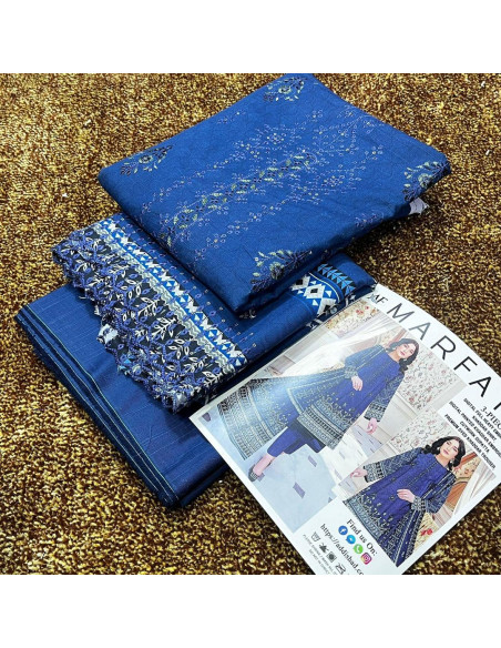 Elegant 3 Pcs Khaddar Suit Set with Embroidered Details in Blue