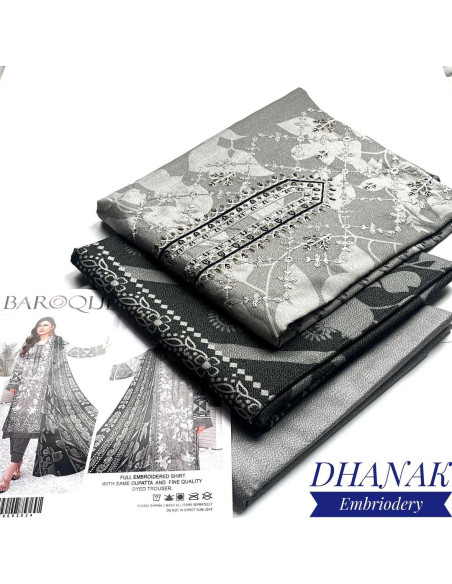 3 Pcs Women's Unstitched Dhanak Embroidered Suit