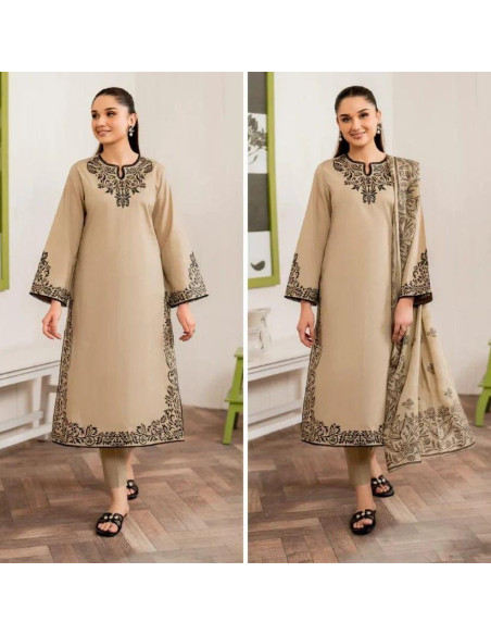 3 Pcs Women's Unstitched Dhanak Embroidered Suit