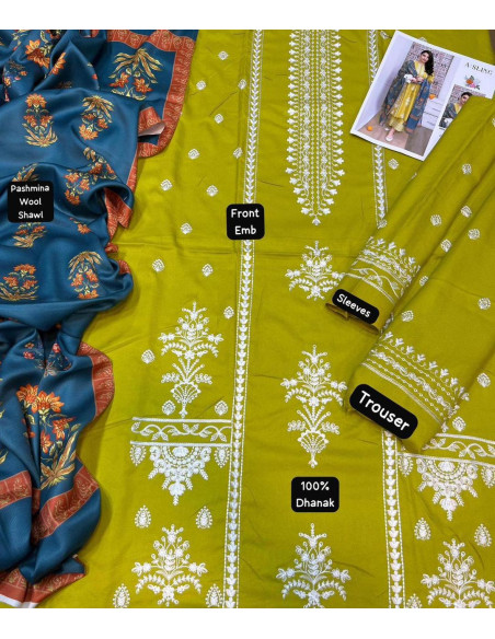 Stunning Green Embroidered Dhanak Suit Set  3 Pcs