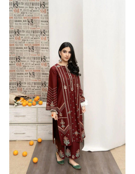 Stunning Maroon 3 Pcs Women's Unstitched Dhanak Embroidered Suit