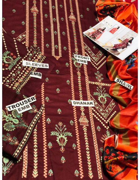 Stunning Maroon 3 Pcs Women's Unstitched Dhanak Embroidered Suit